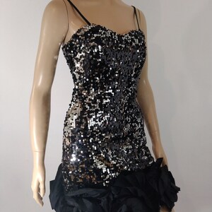 Black Sequined Dress Women&#39;s Silver Heartshaped Mini Sexy Stretchy Black Satin 3D Roses New w Tags Condition Vintage by SPEECHLESS Size 9