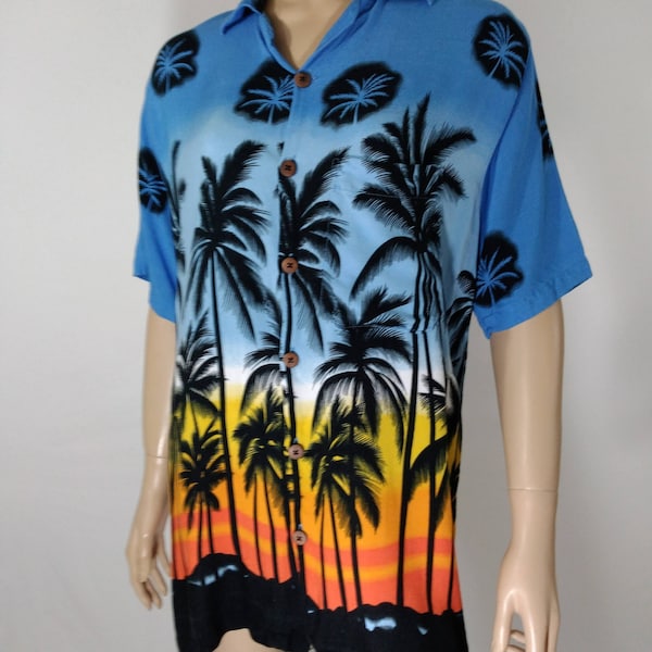 Men's Hawaiian Shirt 80's 90's Short Sleeve 100% Rayon Radical Multicolor Palm Tree Sunset Excellent Condition Vintage by IN GEAR Size L