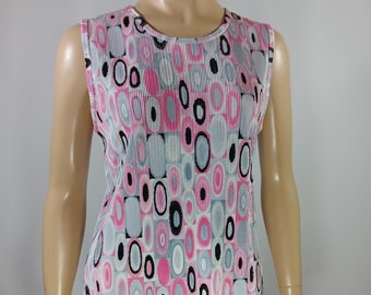 Vintage Plisse Sleeveless Top, Pink Oval Print, Size L