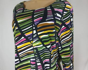 Vintage Abstract Print Top, 3/4 Sleeve Cotton Blend (XL)