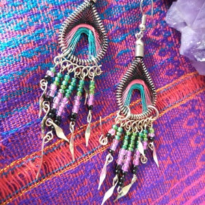 Boho Earrings Womens Girls String Art Pink Purple Seed Bead Woven Fringe Geo Colorblock Boho Native Tribal Silver Jewelry Great Gift image 1