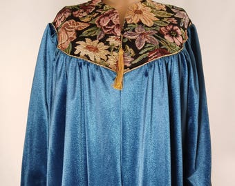 80's Velour Robe Kaftan Night Gown Blue size M