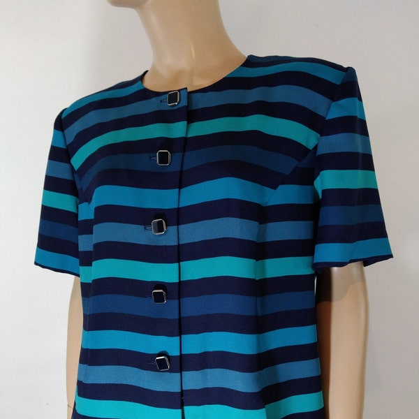 80's Women's Shirt Top Short Sleeve Geometric Stripes Blue Shades w Black Shoulder Pads Excellent Condition Vintage by LESLIE FAY Size 16p