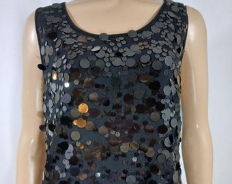 Vintage Black Sequin Tank Top - Sleeveless Sheer Disco Top, Size XL