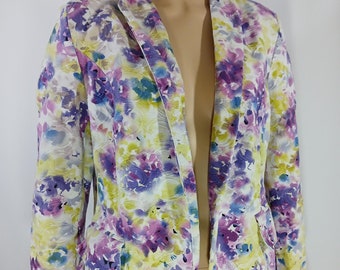 Pastel Floral Cotton Blazer: Abstract Art Print, Size 14P