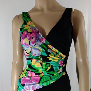 70&#39;s Swim Suit Women&#39;s One Piece Colorful Floral Black Lux Gold Buttons Bra Cups Bombshell Like New Condition Union Made USA size 10 vintage