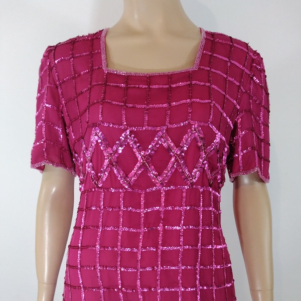 Pink Beaded Dress Women's 100% Silk Pink Short Sleeve Sequined Holiday Party Excellent Condition Vintage by MARK & JOHN Size M