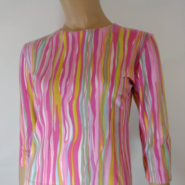 80's Women's Top 3/4 Sleeve Colorful Pinks Yellow Striped Thick Stretchy Cotton Lycra Nice Amazing Condition Vintage by LEGGIADRO Size M USA