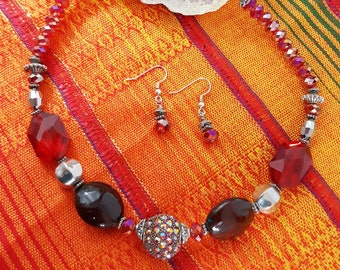 Red Multi Bead Necklace Earring Set, Vintage Inspired Jewelry