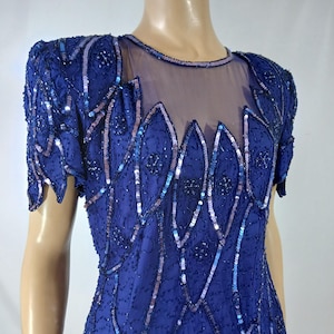 Sequin Dress Gown Women&#39;s 80&#39;s Dynasty Blue 100% Silk Short Shoulder Pads Sleeve Evening Party Excellent Condition Vintage by STENAY Size 14