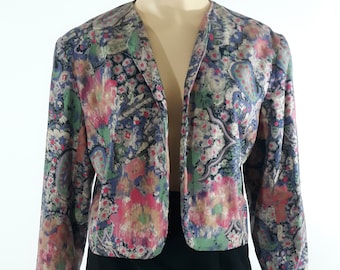 80s Floral Cotton Bolero Jacket - Jewel Tone Abstract Print, Size 12