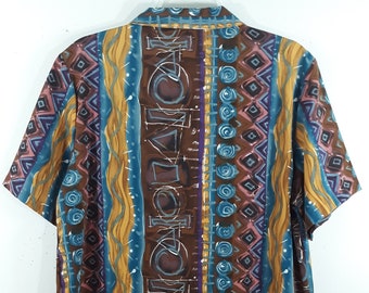 Women's Shirt Top 80's Short Sleeve Blue Brown Gold Turquoise Cool Geo Abstract Print Button Down Like New Vintage by HILL ARCHER Size XL