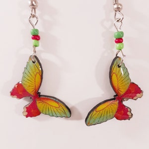 Butterfly Earrings Boho Handmade Yellow Orange Bright Colors Animals Lightweight Printed Art Lucite Silver Tone Seed Beads Pierced Hook Drop