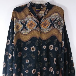 Women&#39;s Top 80&#39;s 90&#39;s Long Sleeve 100% Rayon Button Down Geo Southwestern Paisley Tribal Graphic Mix Excellent Vintage by HUTSPAH USA Size M