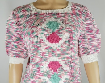80s Cotton Knit Sweater, Pastel Geometric Print, Short Puffy Sleeves (Size M)