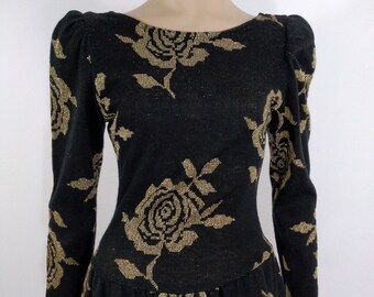 80's Women's Dress Black Metallic Gold Rose Long Sleeve Fitted Drop Waist 3/4 Length Sexy Excellent Condition Vintage by HOTLINE Size 9-10