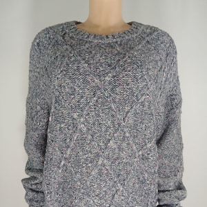 Vintage Crisscross Crochet Sweater - Grey Pink Blue, Size M