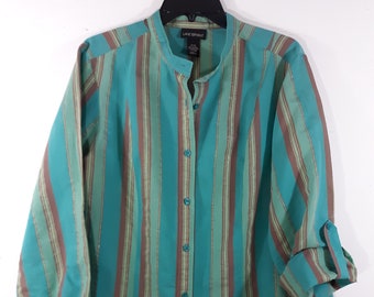 Lane Bryant Blouse Plus Size Women's 90's Shirt Turquoise Brown Metallic Striped Adjustable Sleeve Excellent Condition Vintage Size 14/16