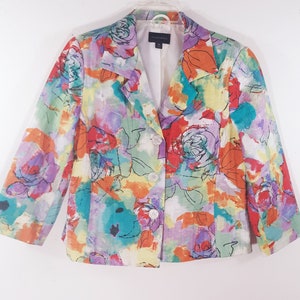 Abstract Floral Linen Blazer: Colorful Pop-Art Jacket, Size 10