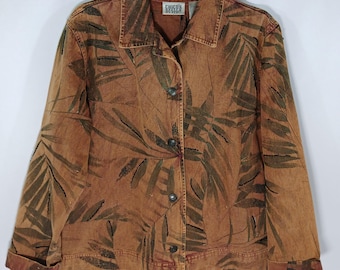 Chico's Brown Denim Jacket,100% COTTON Beaded Leaf Embroidery (Size L)