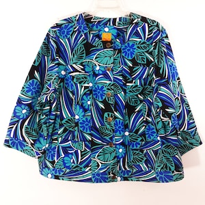 Abstract Floral Denim Blazer, 3/4 Sleeve, Copper Buttons (Size 2X)