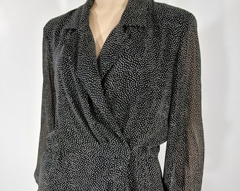 Vintage Liz Claiborne Black Rayon Wrap Dress, Semi Sheer Polka Dot, Size 8
