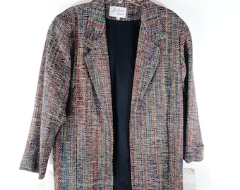 90's Women's Blazer Jacket Textured Woven 100% Raw Silk Black Rainbow Striped New Condition Vintage by GALLERIA SPORT Nordstrom Size M