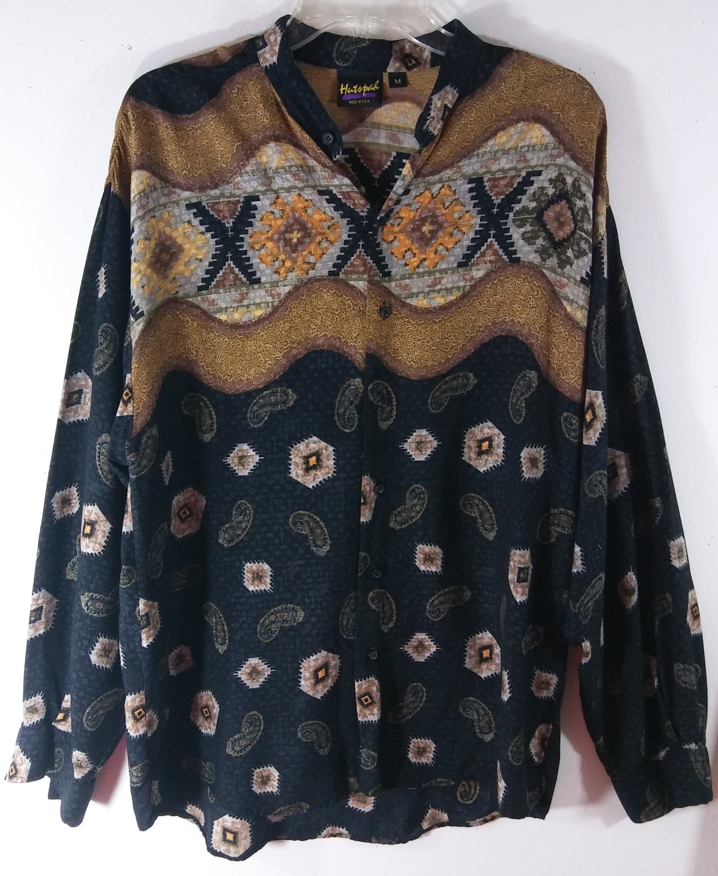 Hutspah, Shirts, Vintage Hutspah 8s Mens Medium Long Sleeve Boho Blue  Woven Indie Print Design