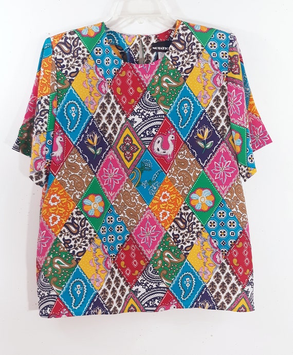Women's Shirt 80's Short Sleeve Geo Color Block R… - image 8