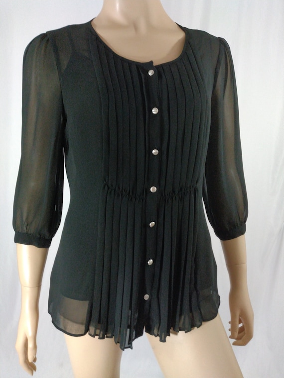 40's Style Top Women's Shirt Black Semi Sheer Ple… - image 1