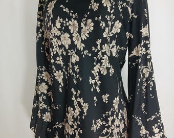 Black Floral Dress Silky Long Flared Sleeve Vintage by FREE PEOPLE Size XL