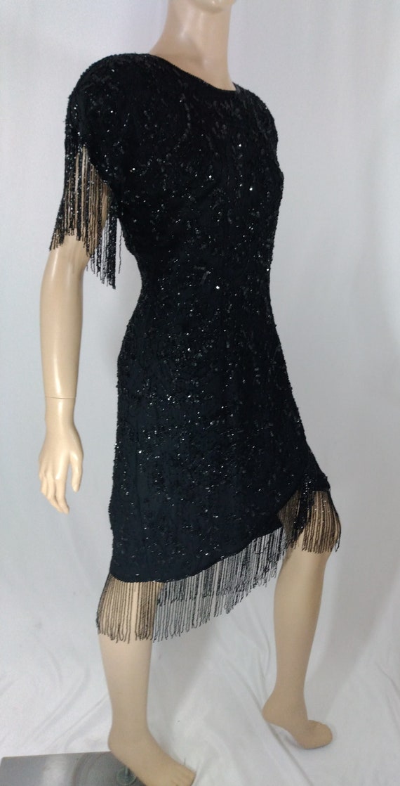 Black Beaded Dress Women's 70's 80's 100% Silk Se… - image 7