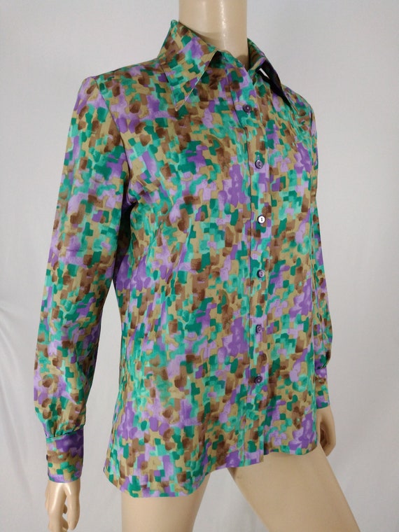 70's Women's Shirt Huge Collar Colorful Wild Abst… - image 8