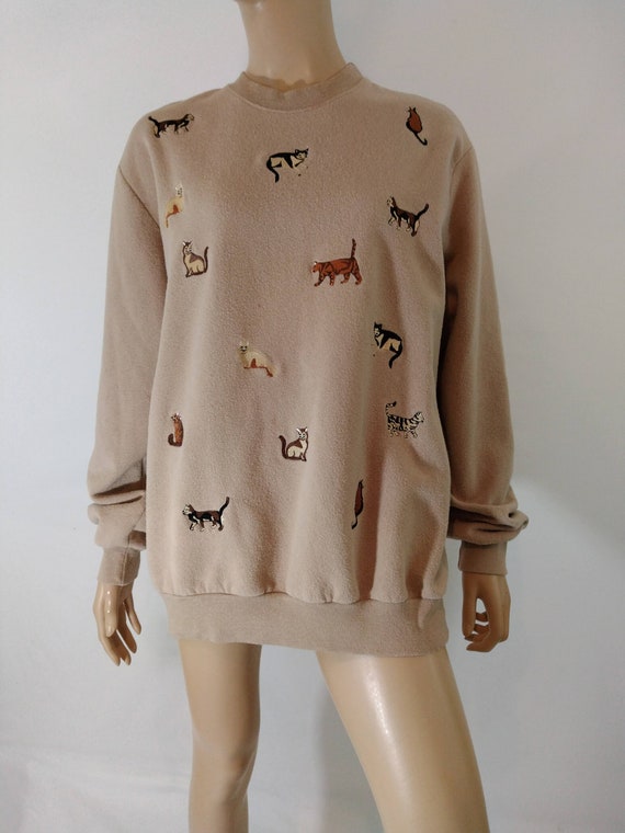 Cat Sweatshirt Women's 80's 90's Embroidered Cats… - image 2