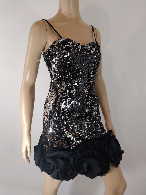 Vintage Black Sequin Mini Dress, Silver Accents, 3D Roses, Size 9