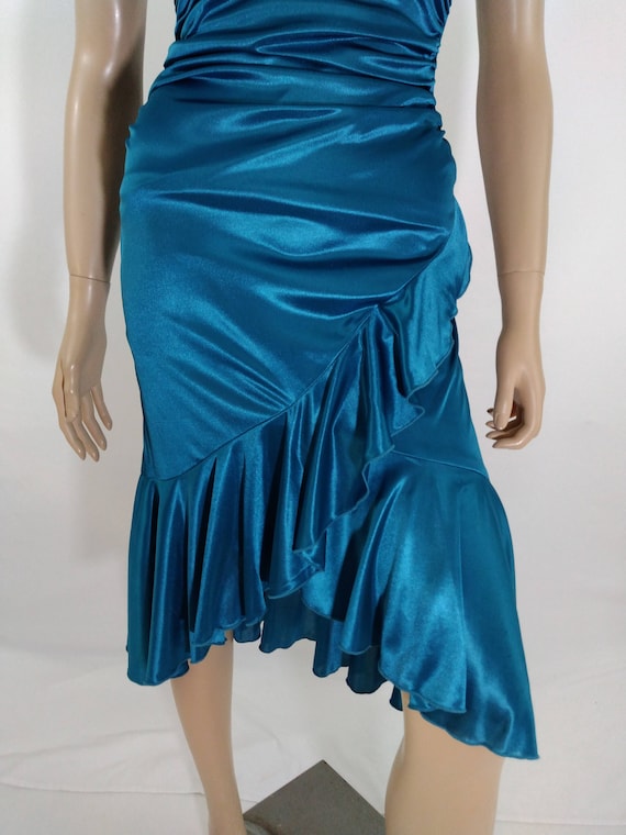 Women's Satin Dress Disco Prom Dress Teal Satin B… - image 2