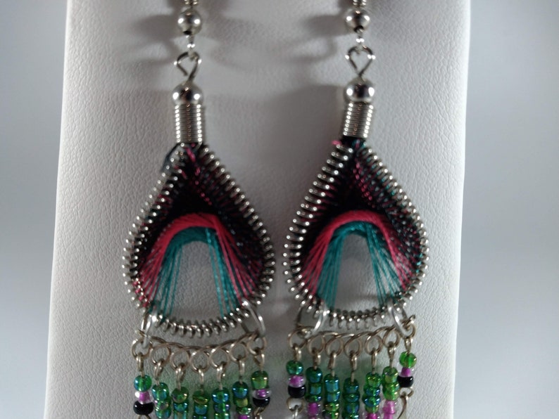 Boho Earrings Womens Girls String Art Pink Purple Seed Bead Woven Fringe Geo Colorblock Boho Native Tribal Silver Jewelry Great Gift image 5