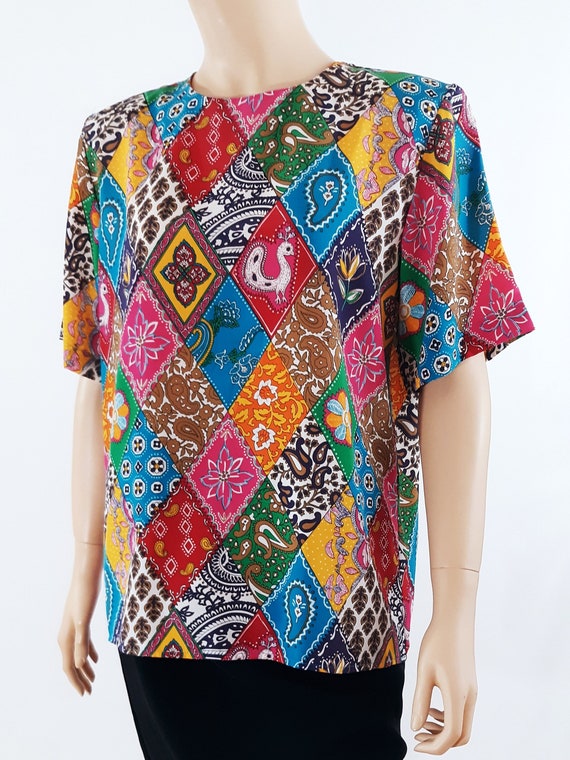 Women's Shirt 80's Short Sleeve Geo Color Block R… - image 2
