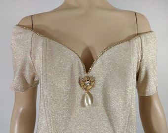 70's Women's Dress Semi Formal Metallic Gold Off-Shoulder Sweetheart Neckline Rhinestone Trim Amazing Condition Vintage by TNB Size M USA