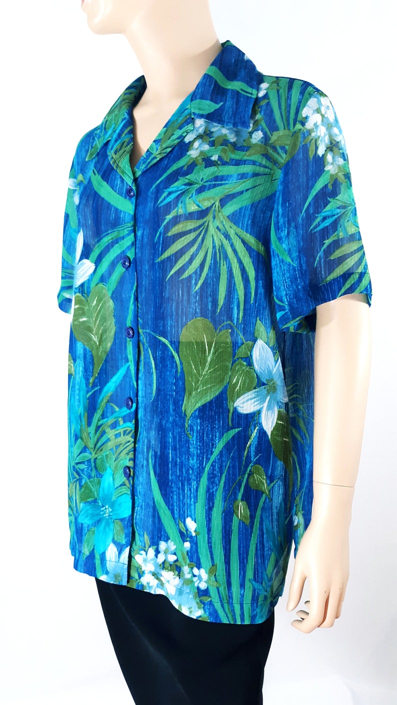 Women's Hawaiian Shirt 80's Short Sleeve Green Blue Tropical Button Down Excellent Like New Condition Vintage by DRAPER & DAMONS Size L image 8