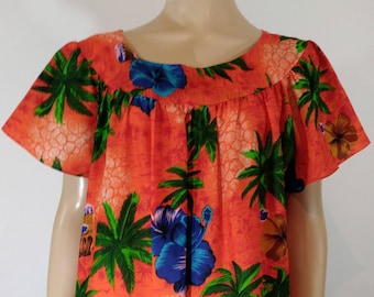 Hawaiian Dress Kaftan 60's 70's Handmade Women's Silky Green Orange Blue Tropical Print Mui Mui Excellent MINT Condition Vintage Size L