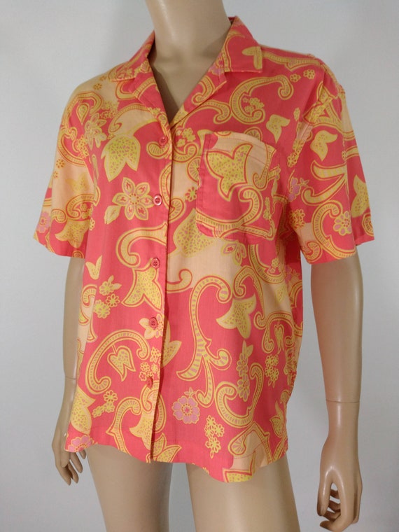 Women's Hawaiian Shirt Cotton Rayon Pink Salmon Y… - image 5