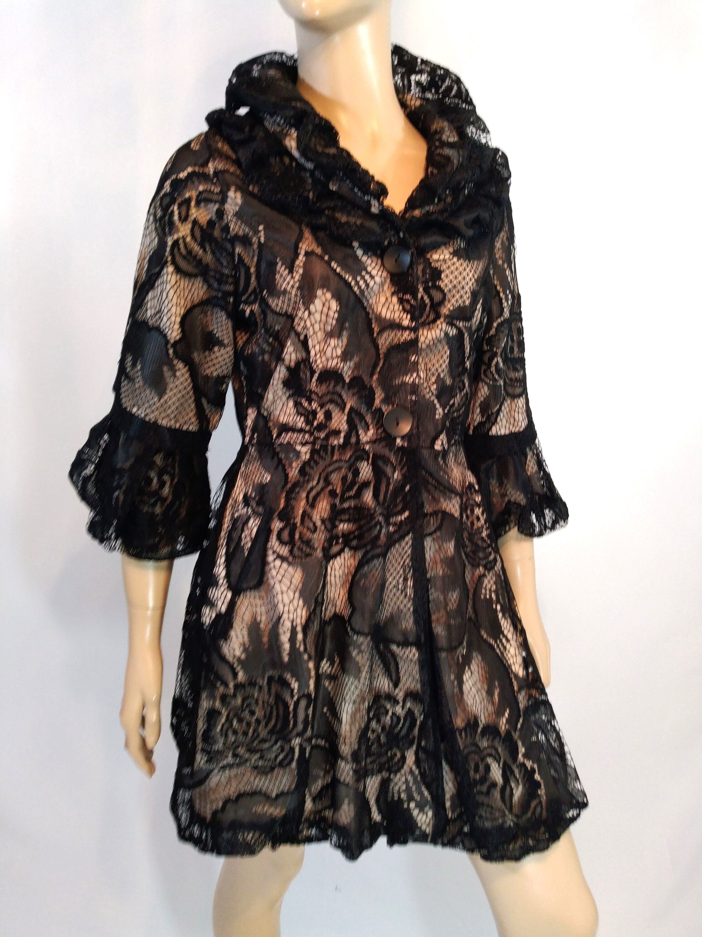 Floral Brocade Lace Jacket Dress, Black 3/4 Sleeve, Evening Cocktail Floral Brocade Lace Jacket Dress, Black 3/4 Sleeve, Evening Cocktail