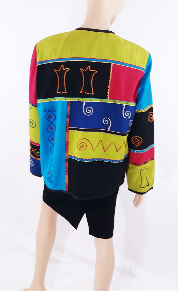 Vintage 80s Embroidered Color Block Jacket, Pop A… - image 3