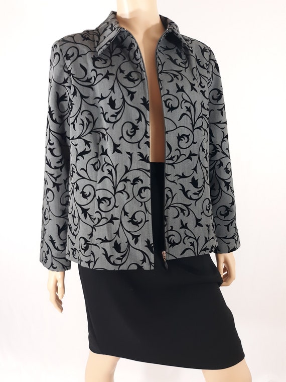 Women's Grey Jacket Blazer Black Velvet Textured … - image 1