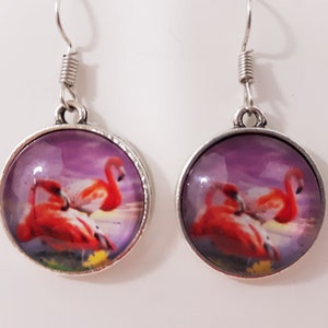 Flamingo Earrings Womens Girls Pink Glass Dome Silver Tone Beachy Resort Gorgeous Jewelry Fabulous Gift Craft Charm Handmade Womens Girls