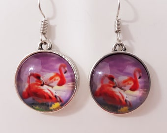 Handmade Flamingo Earrings, Silver Tone Glass Dome, Beachy Jewelry