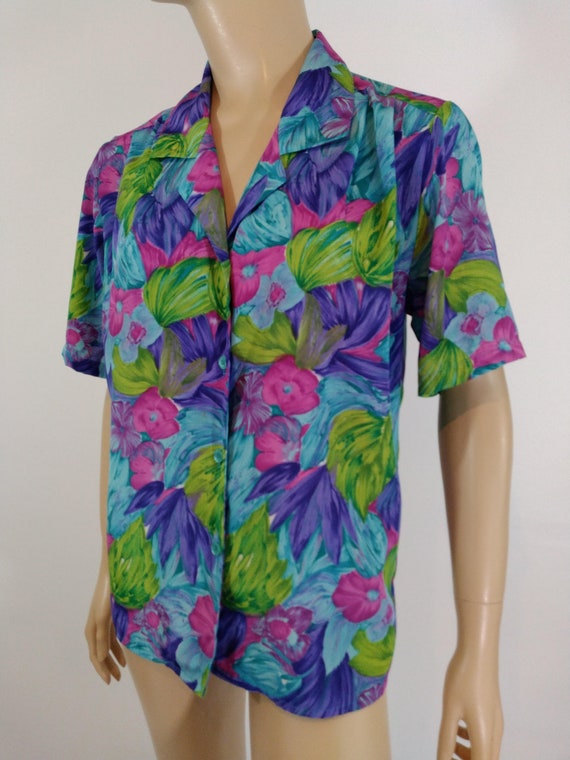 80's Women's Shirt Short Sleeve Green Blue Floral… - image 5