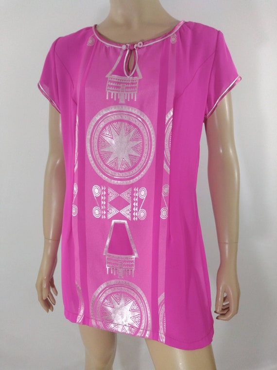 Hot Pink Top Women's Top Short Sleeve Neon Pink Metallic Silver