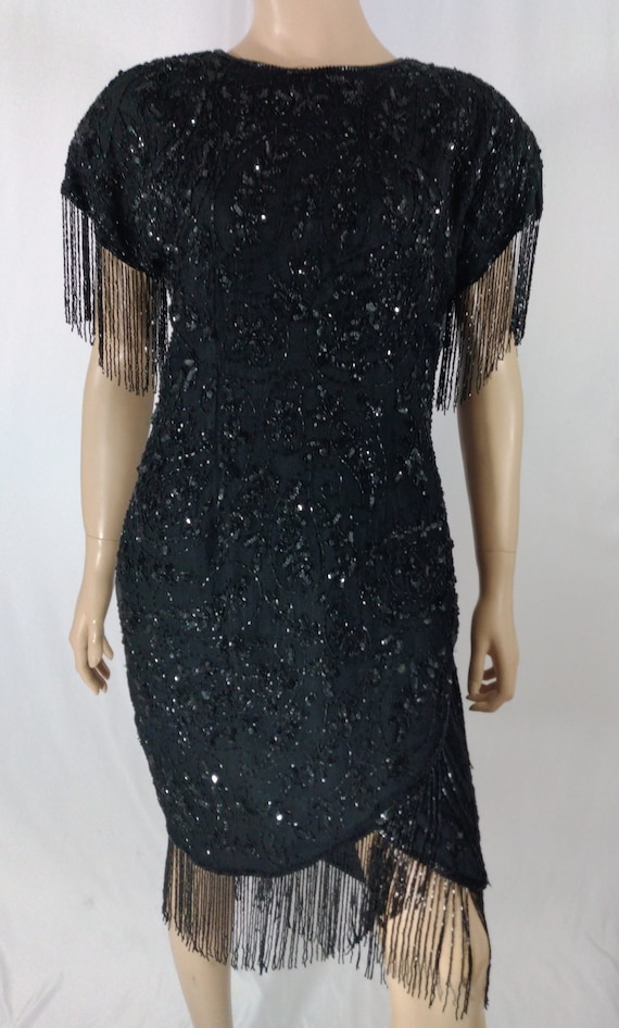 Black Beaded Dress Women's 70's 80's 100% Silk Se… - image 1